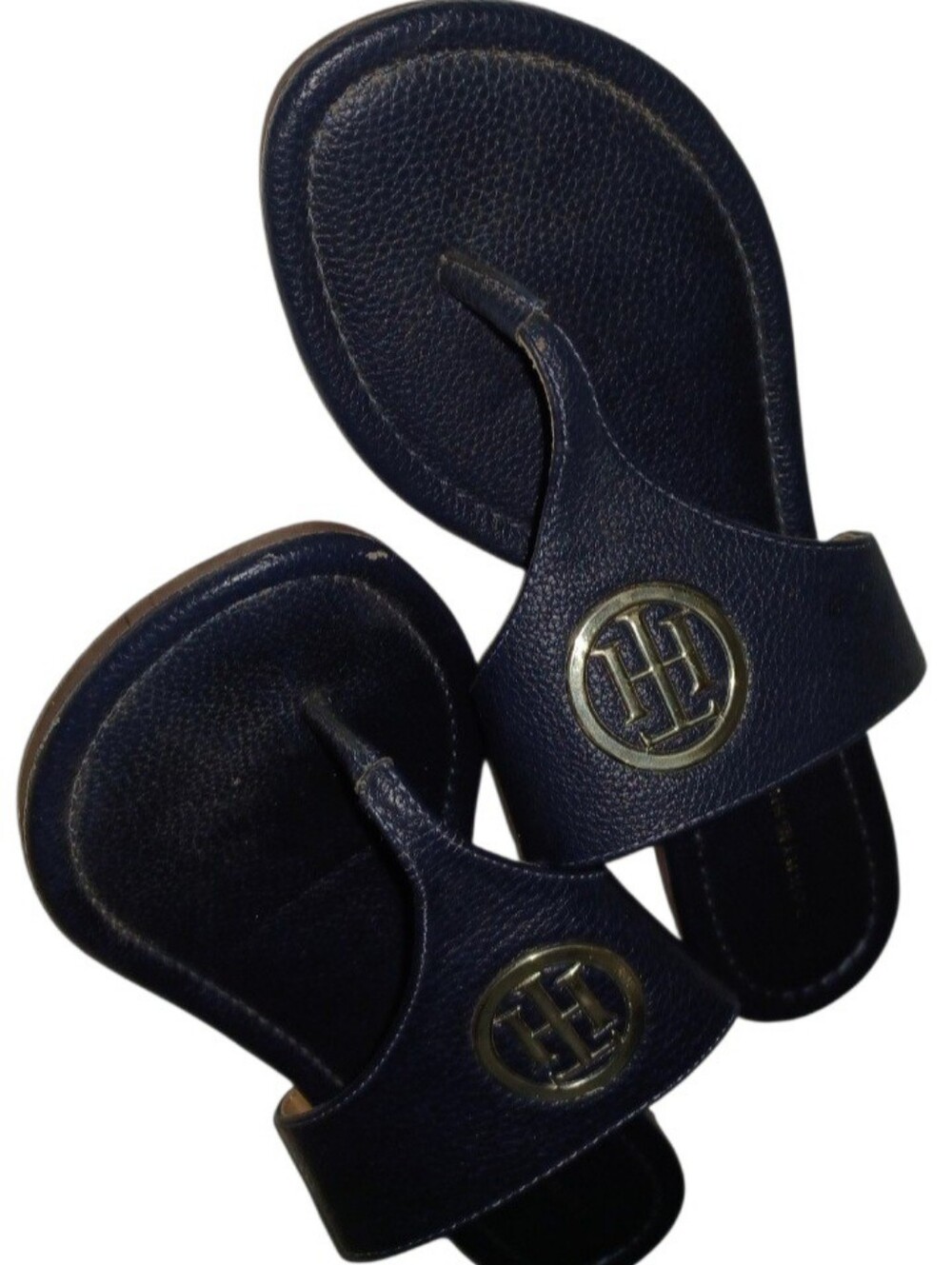 Tommy Hilfiger women's navy blue sandals featuring a prominent gold-tone TH logo